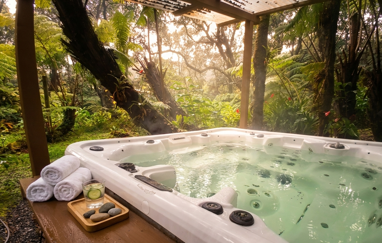 Communal thermal hydrotherapy hot tub at Aloha Crater Lodge