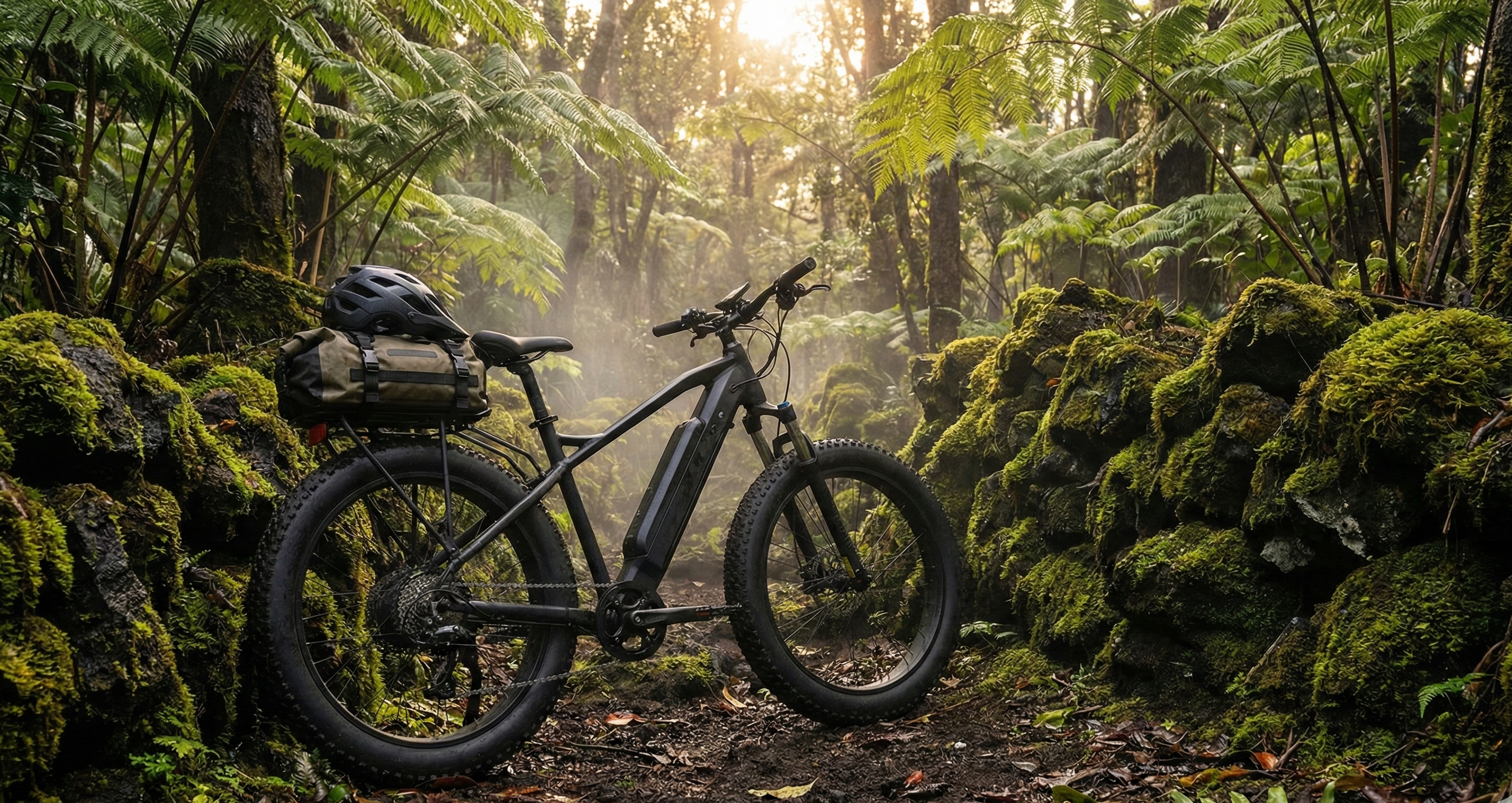 High-torque electric bikes parked at Aloha Crater Lodge ready to bypass parking congestion at Hawaii Volcanoes National Park